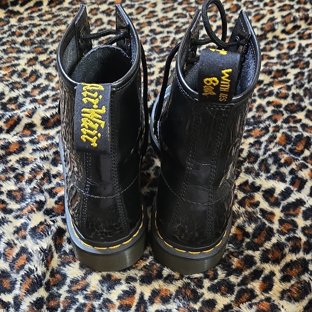 Dr. Martens Black Patent Leather Lace-Up Ankle Boots with Yellow Stitching - Picture 3 of 6